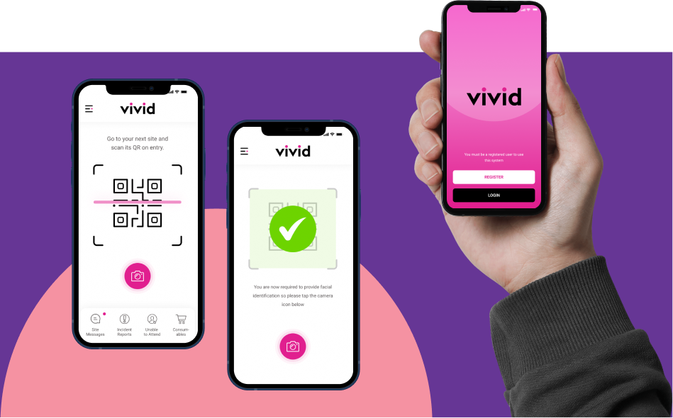 Three Clean-Trak app screens in Vivid branding: QR site check-in, a scan confirmation tick, and the login screen